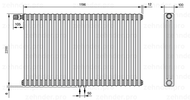 Схема (чертеж) Радиатор Zehnder Charleston 3220/26 №V007 Белый глянцевый RAL 9016